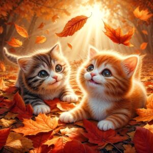 cats, kitten, fall, autumn leaves, autumnal, to play, forest, forest floor, cute, siblings, children, love for animals, outdoors, kittens, family, love, happy, pleasure, fun, adventure, curious, be amazed, desktop background, ai generated