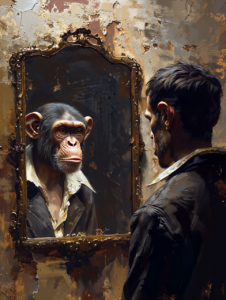 ai generated, monkey, man, reflection, dilapidated, mirror, mirror, mirror, mirror, mirror, mirror