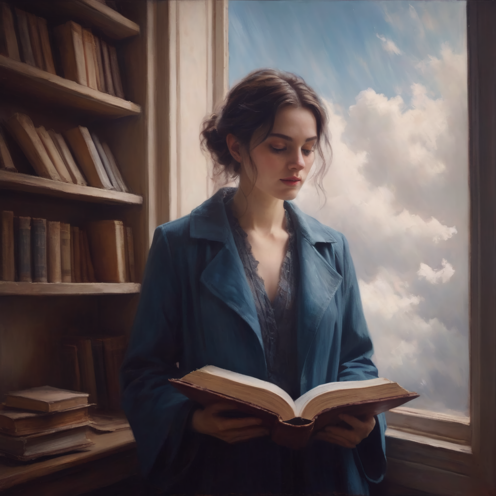 ai generated, woman, library, read, reading, learn, to study, literature, book, education, history, knowledge, student, bookcase, shelf, pages, school, stories, research, reflection, think, reflect