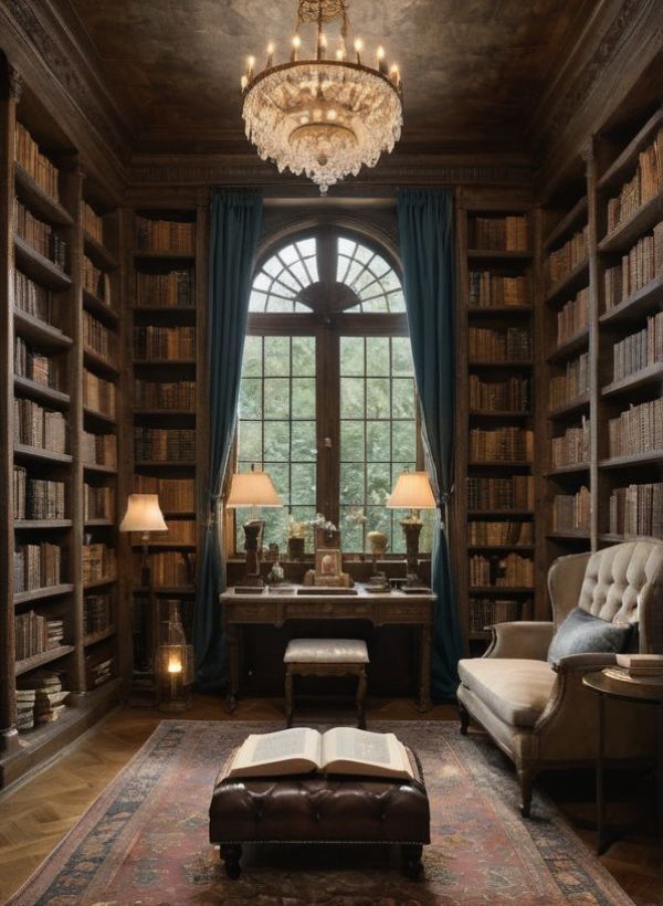 a group of people working on a big table on their laptops, headphones, water bottles
